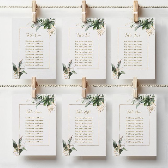Tropical Leaves Gold Seating Chart Table Card (Von Creator hochgeladen)