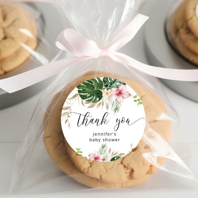 Tropical leaves monstera girl baby shower runder aufkleber (Von Creator hochgeladen)