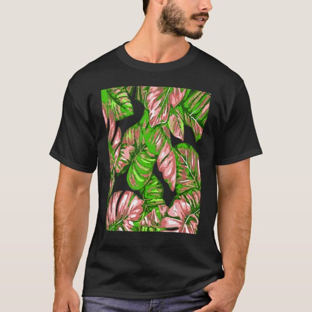 Tropical Leaves Of Banana and Monstera Pink Green  T-Shirt (Vorderseite)