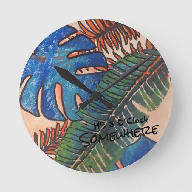 Tropical Leaves Round Clock Runde Wanduhr (Vorderseite)