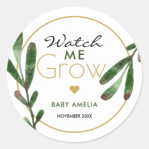 Tropical Leaves Watch Me Grow Baby Shower Runder Aufkleber