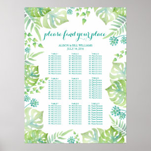 Tropical leaves wedding dinner seating chart poster
