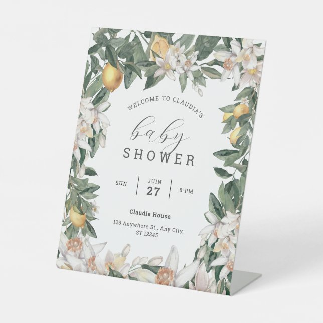 Tropical Lemon Citrus Baby Dusche Wasserfarbenpede Sockelschild (Vorderseite)