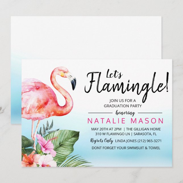 Tropical Let's Flamingle Abschluss Einladung (Vorne/Hinten)
