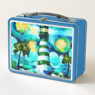 Tropical Lighthouse & Palm Trees Green Blue Aquama Metall Brotdose