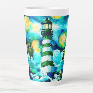 Tropical Lighthouse & Palm Trees Green Blue Aquama Milchtasse