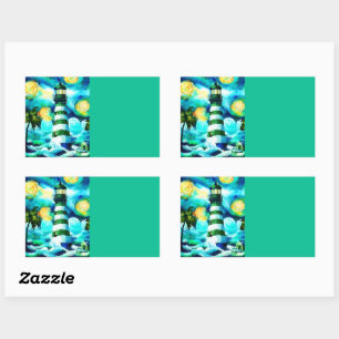 Tropical Lighthouse & Palm Trees Green Blue Aquama Rechteckiger Aufkleber