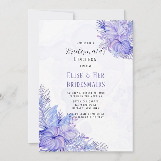 Tropical Lila Blue Palm Leaf Bridesmaid Luncheon Einladung (Vorderseite)