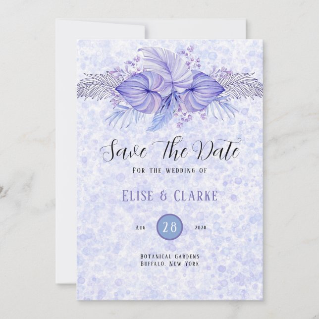 Tropical Lila Blue Palm Leaf Save the Date (Vorderseite)