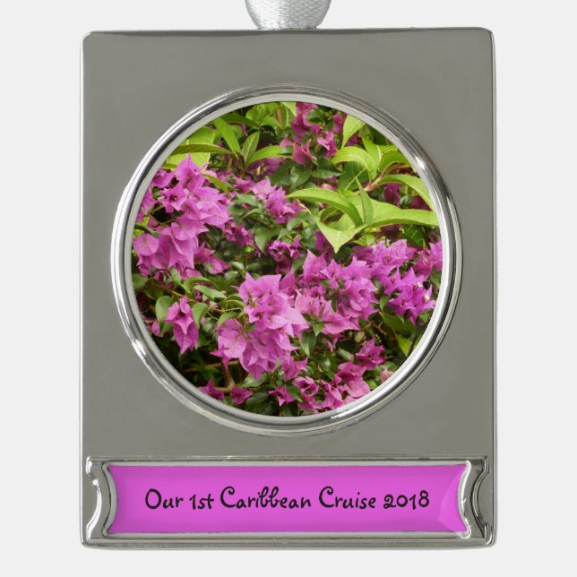 Tropical Lila Bougainvillea Floral Banner-Ornament Silber (Vorderseite)