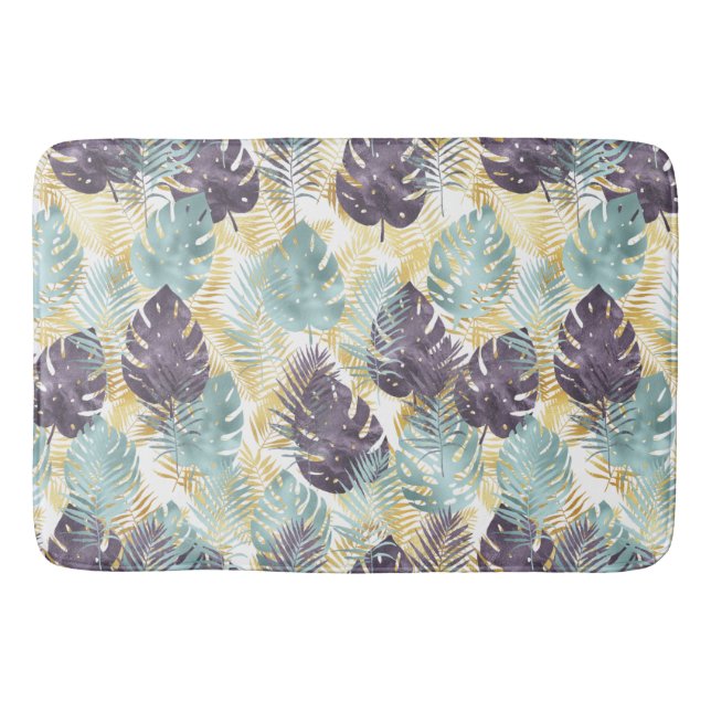 Tropical Lila Green Gold Blätter  Badematte (Vorderseite)