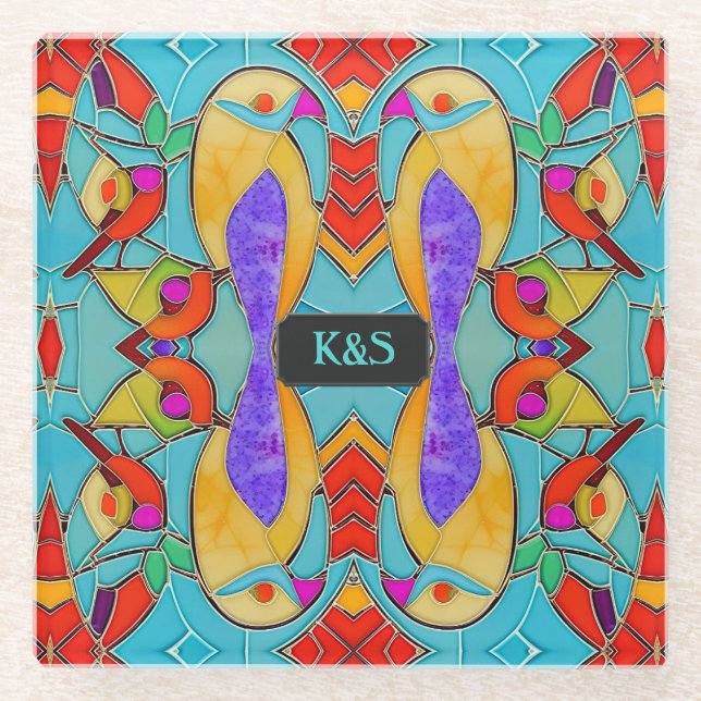 Tropical Lovebird farbenfrohe Glasfliesen nach Maß Glasuntersetzer (Vorderseite)