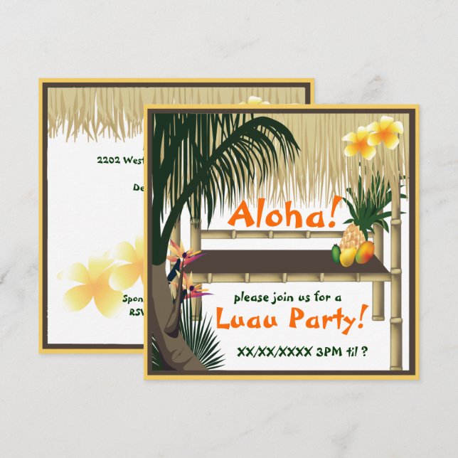 Tropical Luau Party Tiki Hut Einladung (Vorne/Hinten)