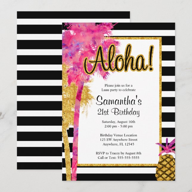 Tropical Luau Stripes 21. Geburtstag Einladung (Vorne/Hinten)