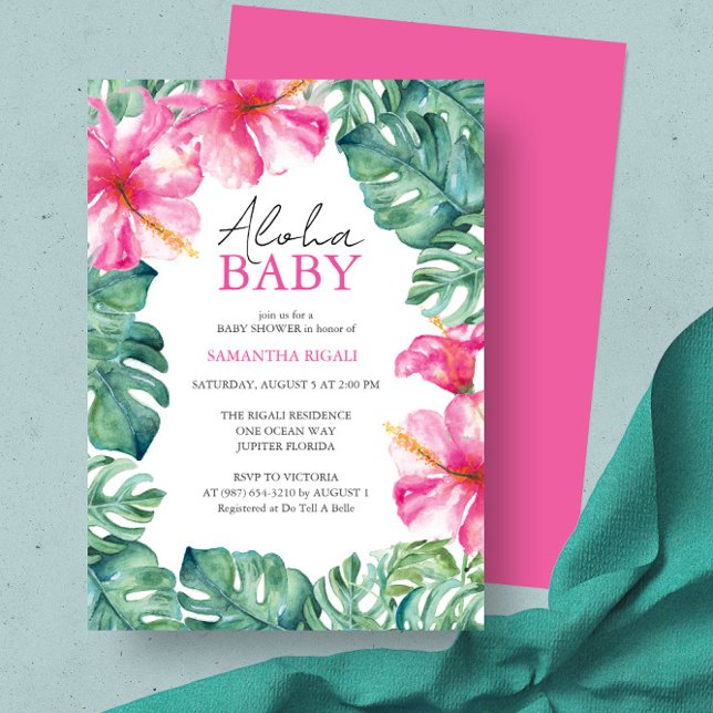 Tropical Luau Theme Kinderdusche Einladung (Luau baby shower ideas feature hibiscus flower invitation unique art by Victoria Grigaliunas)
