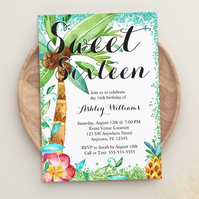 Tropical Luau Watercolor Imitate Glitzer Sweet 16 Einladung (Von Creator hochgeladen)