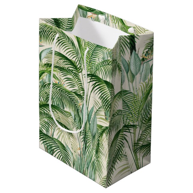 Tropical Lush Foliage Palm Blätter Muster Mittlere Geschenktüte (Vorderseite Schrägansicht)
