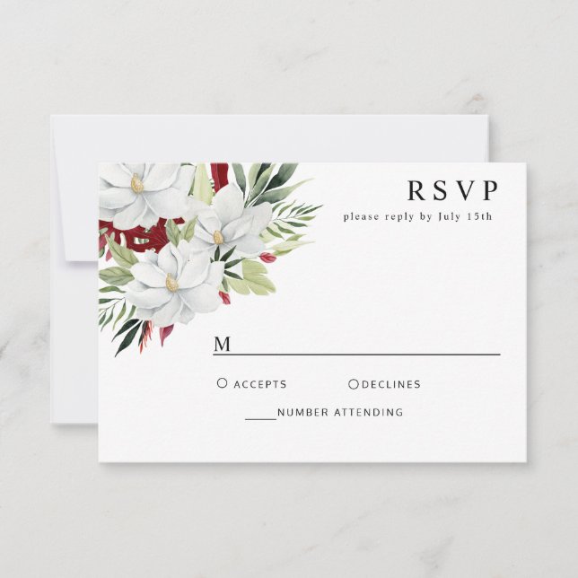 Tropical Magnolia White Green Red RSVP Card Karte (Vorderseite)