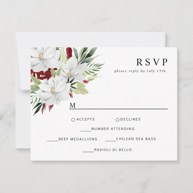 Tropical Magnolia White Green Red RSVP Karte (Vorderseite)