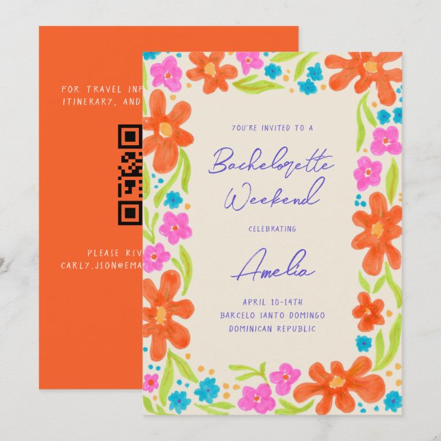 Tropical Marker Sketch Blume Border Bachelorette Einladung (Vorne/Hinten)