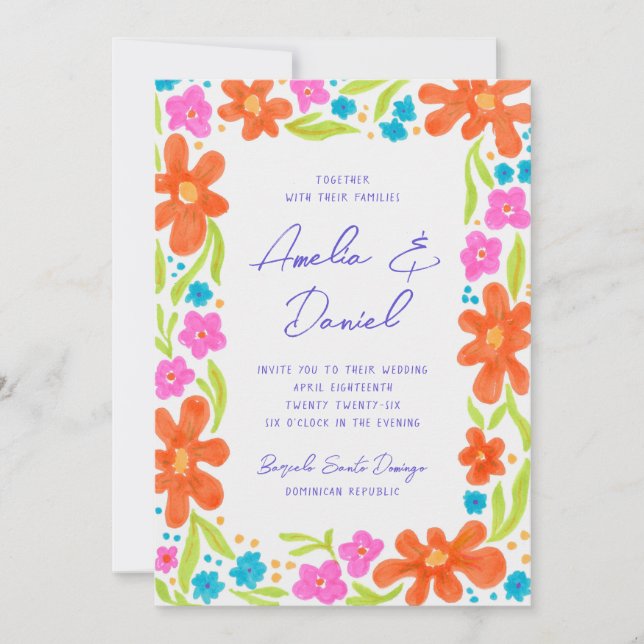 Tropical Marker Sketch Blume Border Wedding Einladung (Vorderseite)