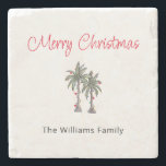 Tropical Merry Christmas Palm Trees Beach Steinuntersetzer<br><div class="desc">Tropical Beach Frohe Weihnachten Untersetzer,  mit einer Palmen Illustration und Schrift Typografie. Mit anpassbarer Schrift fügen Sie Ihre eigenen Informationen hinzu. Eine festliche Ergänzung zu Ihrer Urlaubsatmosphäre und Unterhaltung.</div>