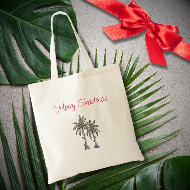 Tropical Merry Christmas Palm Trees Beach Tragetasche (Von Creator hochgeladen)