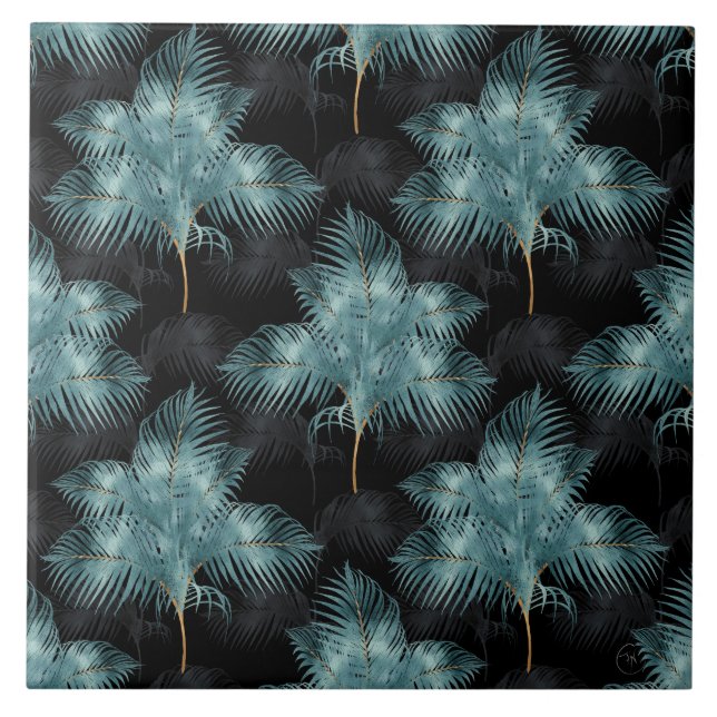 Tropical Metallic Blue & Gold Palm Blätter Sommer Fliese (Vorderseite)