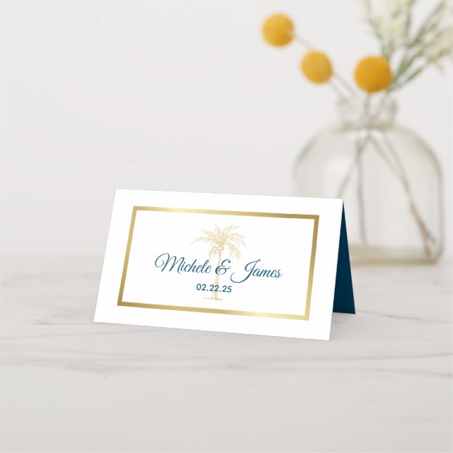 Tropical Metallic Gold Palm Tree Beach Hochzeit Platzkarte (Vorderseite)
