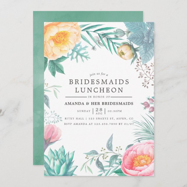 Tropical Mint Floral Summer Bridesmais Luncheon Einladung (Vorne/Hinten)