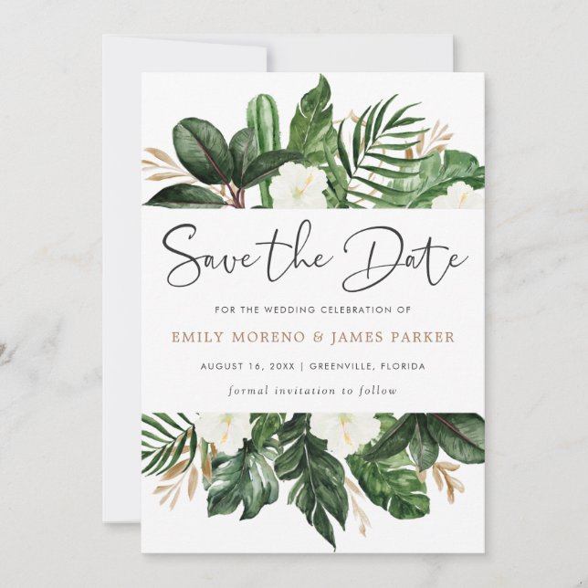 Tropical Modern Palm Cactus White Floral Save The Date (Vorderseite)