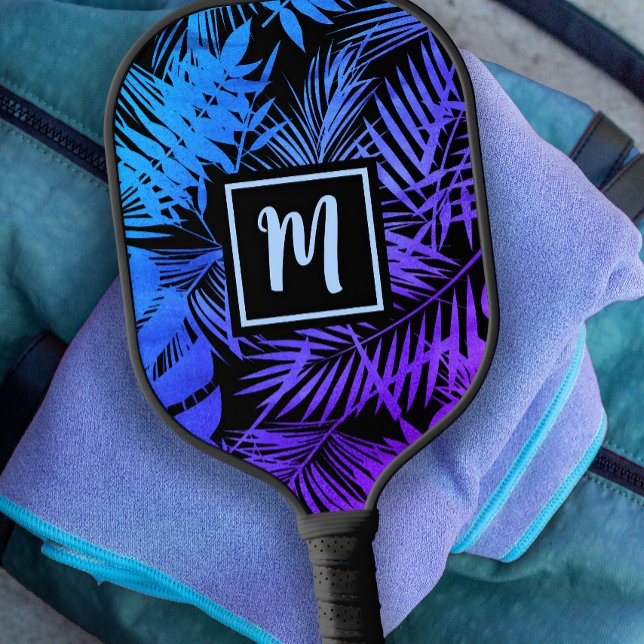 Tropical Monogram Blue Lila Ombre Palm Modern Pickleball Schläger (Von Creator hochgeladen)