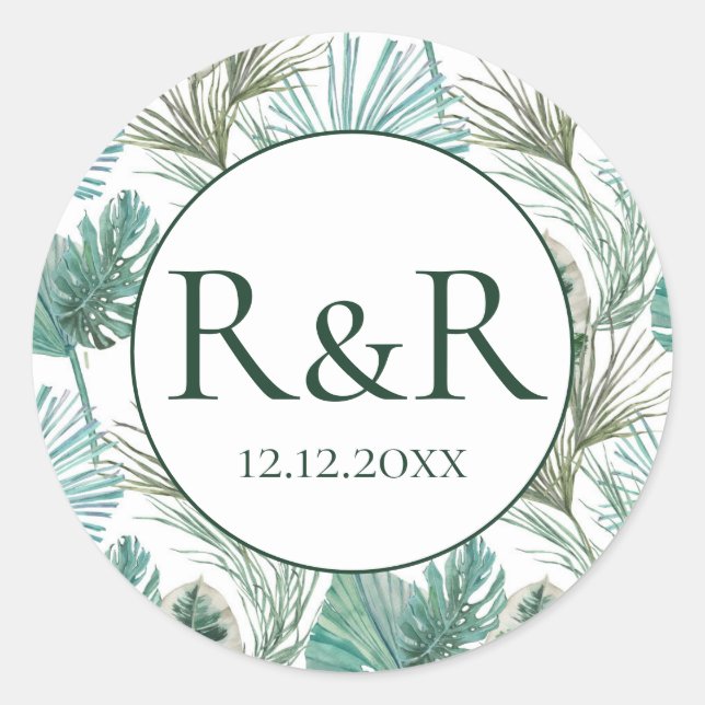 Tropical Monogram Wedding Runder Aufkleber (Vorderseite)