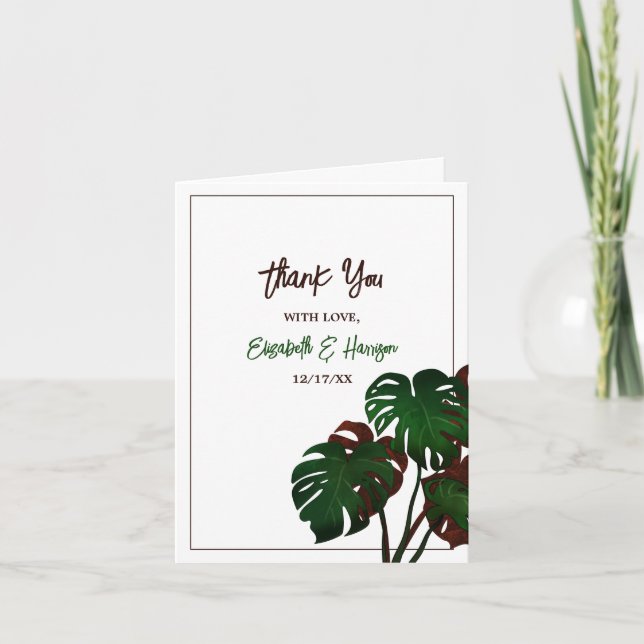 Tropical Monstera Beach Wedding Dankeskarte (Vorderseite)