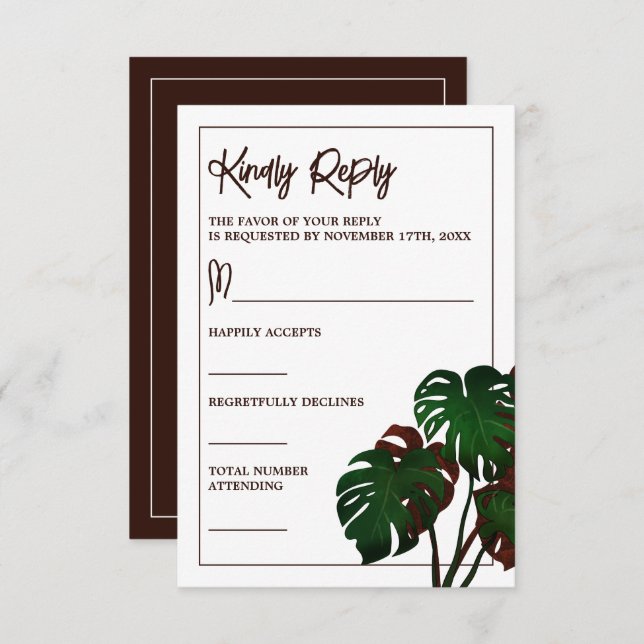 Tropical Monstera Beach Wedding RSVP Karte (Vorne/Hinten)