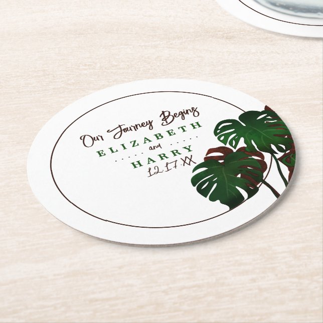 Tropical Monstera Beach Wedding Runder Pappuntersetzer (Angewinkelt)