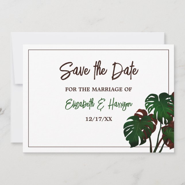 Tropical Monstera Beach Wedding Save The Date (Vorderseite)