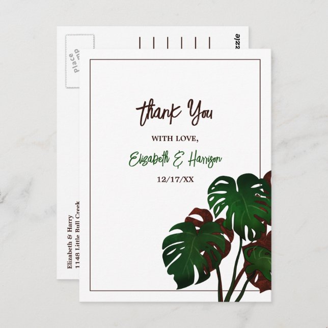 Tropical Monstera Beach Wedding Vielen Dank Postkarte (Vorne/Hinten)