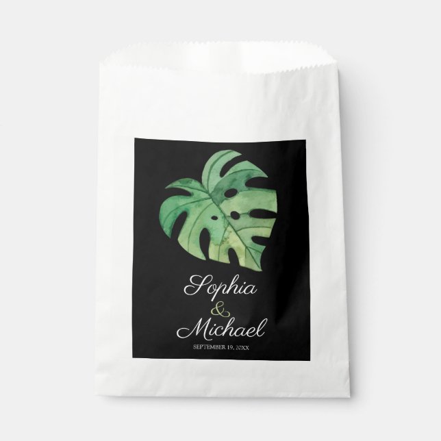 Tropical Monstera Black Wedding Geschenktütchen (Vorderseite)