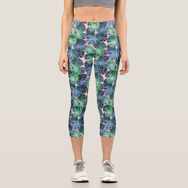 Tropical Monstera Blätter Capri Leggings (Vorderseite)