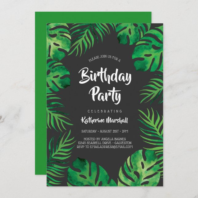 Tropical Monstera Blätter Geburtstagsparty 2 Einladung (Vorne/Hinten)
