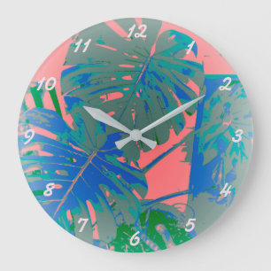 Tropical Monstera Blätter Große Wanduhr