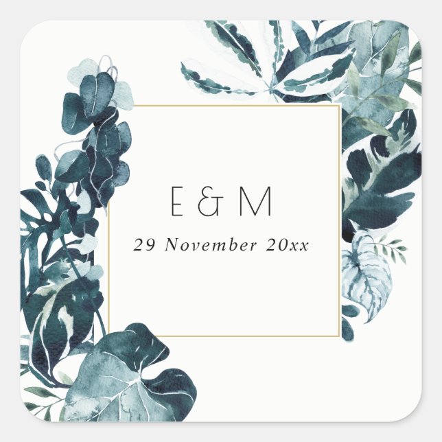 Tropical Monstera Blue Foliage Monogram Wedding Quadratischer Aufkleber (Vorderseite)