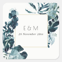 Tropical Monstera Blue Foliage Monogram Wedding