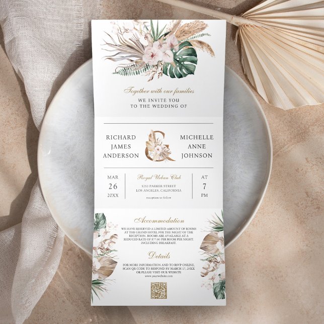 Tropical Monstera Boho Pampas QR Code Wedding Dreifach Gefaltete Einladung (Von Creator hochgeladen)