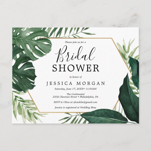 Tropical Monstera Bridal Dusche Einladung Postkarte (Vorderseite)
