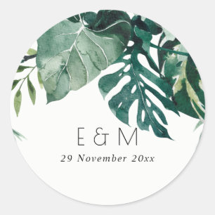 Tropical Monstera Foliage Green Monogram Wedding Runder Aufkleber