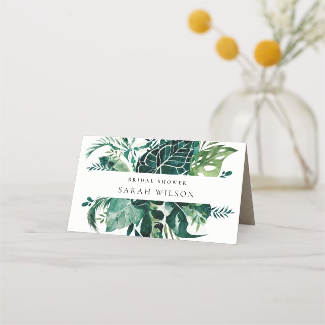 Tropical Monstera Green Fauna Leafy Brautparty Platzkarte (Vorderseite)