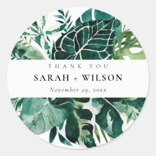 Tropical Monstera Green Foliage Wedding Vielen Dan Runder Aufkleber