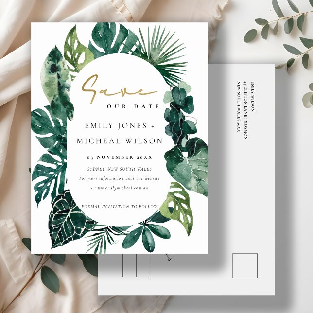 Tropical Monstera Green Leafy Fauna Save the Date Postkarte (Von Creator hochgeladen)
